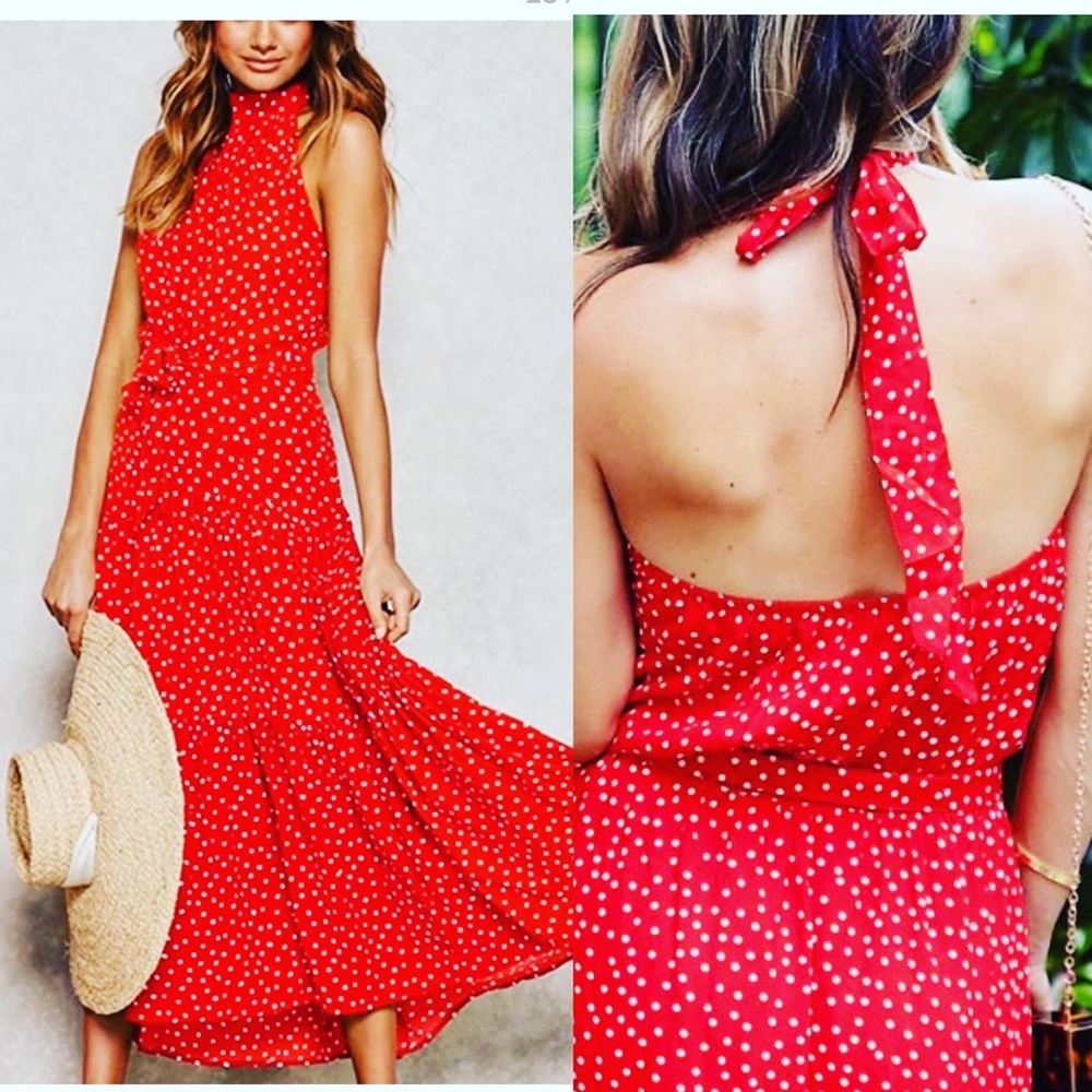 🍒 NWOT BOUTIQUE 100% COTTON POLKA DOT CHERRY RED MAXI HALTER DRESS SMALL